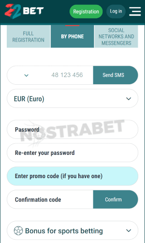 22bet registration form