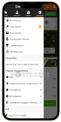 Betsson sportsbook iOS app navigation