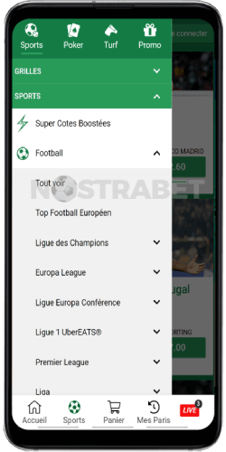 menu de navigation de l'application android unibet